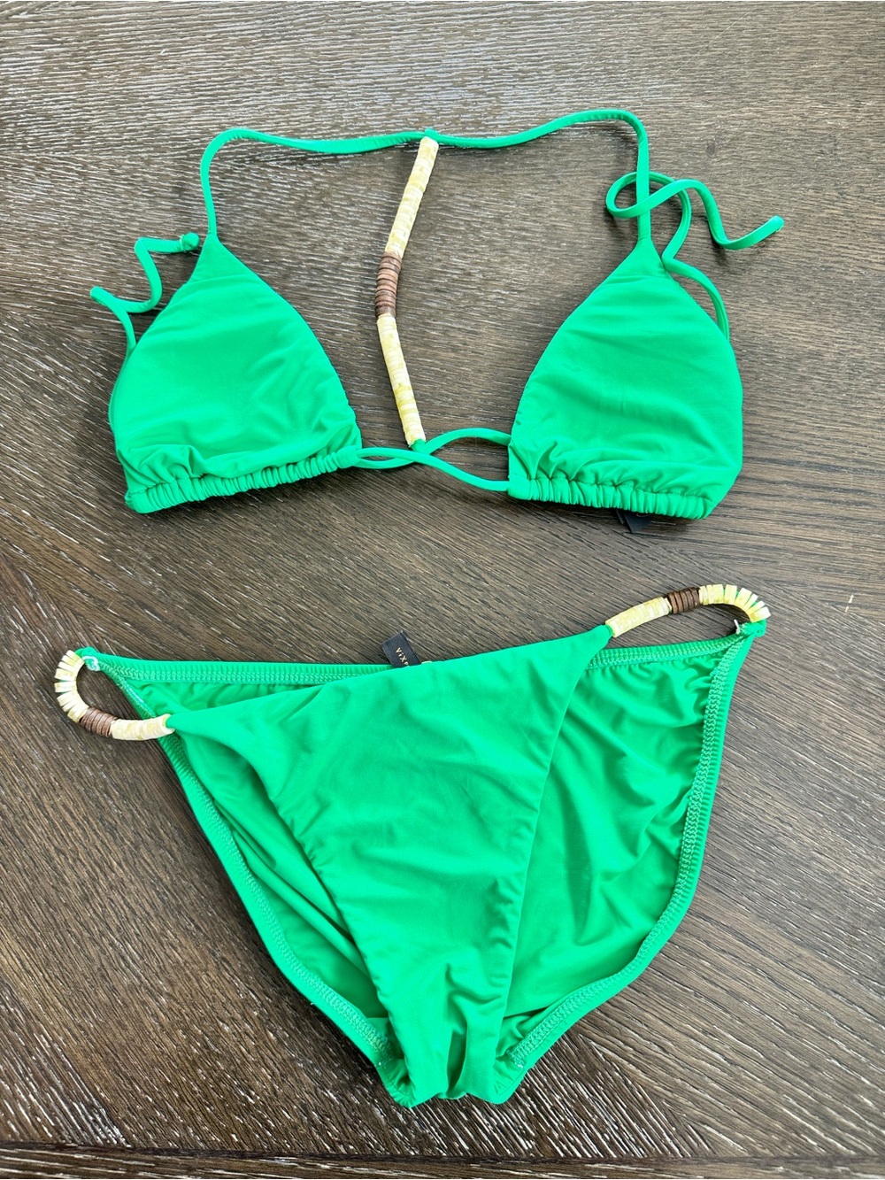 Vic Paula Hermanny Green String Triangle Bikini Set with Bead Accents